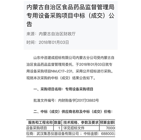 集思仪器2018首战告捷，成功中标内蒙古自治区食品药品监督管理局设备采购项目